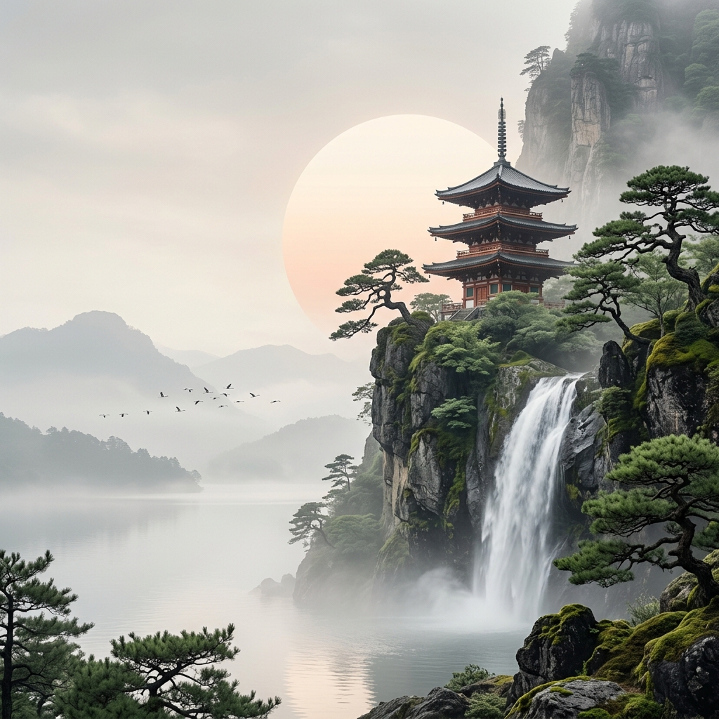Ethereal landscape with pagoda waterfall and misty mountains
